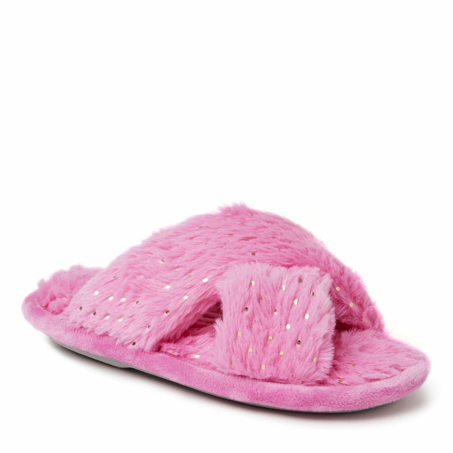 Kids Dearfoams Slippers | Kids Ava Furry Sparkle Crossband Slide Slipper