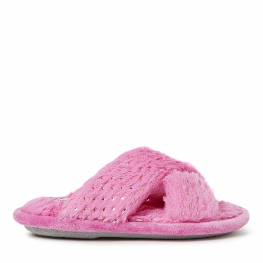 Kids Dearfoams Slippers | Kids Ava Furry Sparkle Crossband Slide Slipper