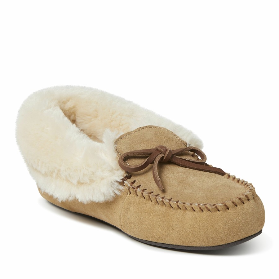 Women Dearfoams Moccasin Slippers | Women'S Genuine Suede Foldover Moccasin With Tie Slipper