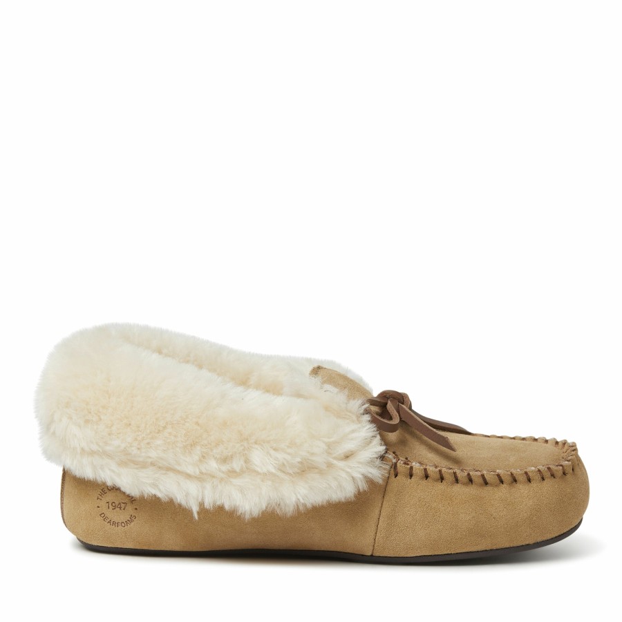 Women Dearfoams Moccasin Slippers | Women'S Genuine Suede Foldover Moccasin With Tie Slipper