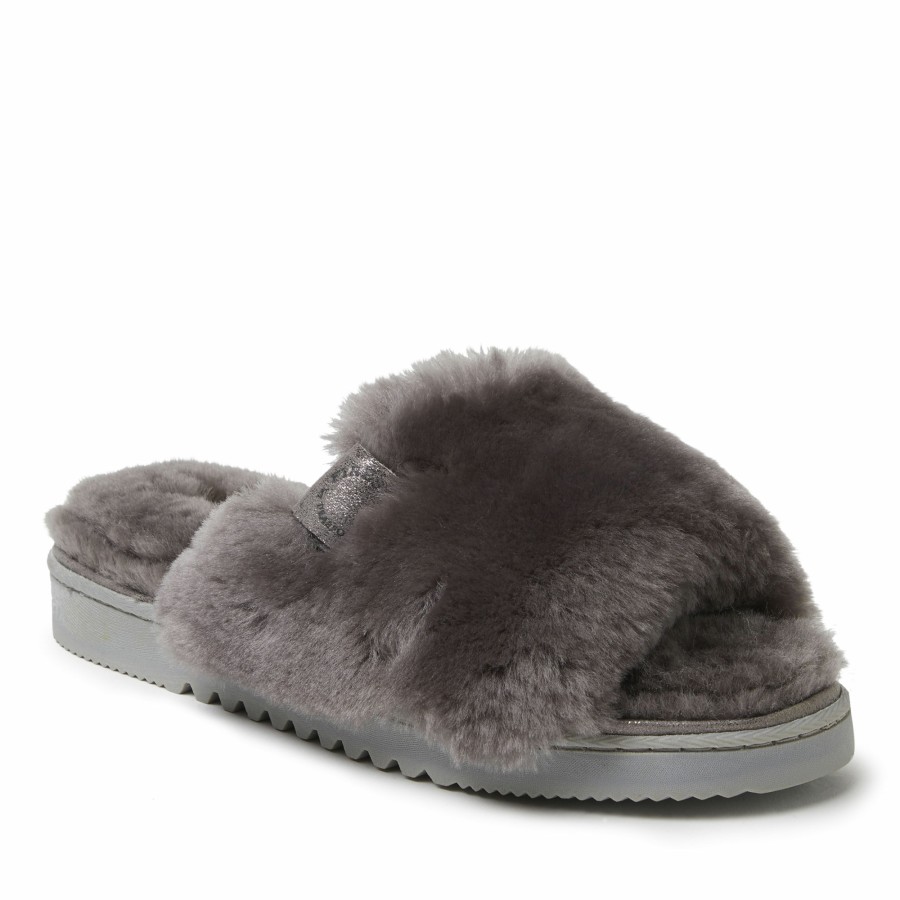 Women Dearfoams Sandals | Women'S Fireside By Dearfoams Cairns Genuine Shearling Slide Slipper With Metallic Suede Trim