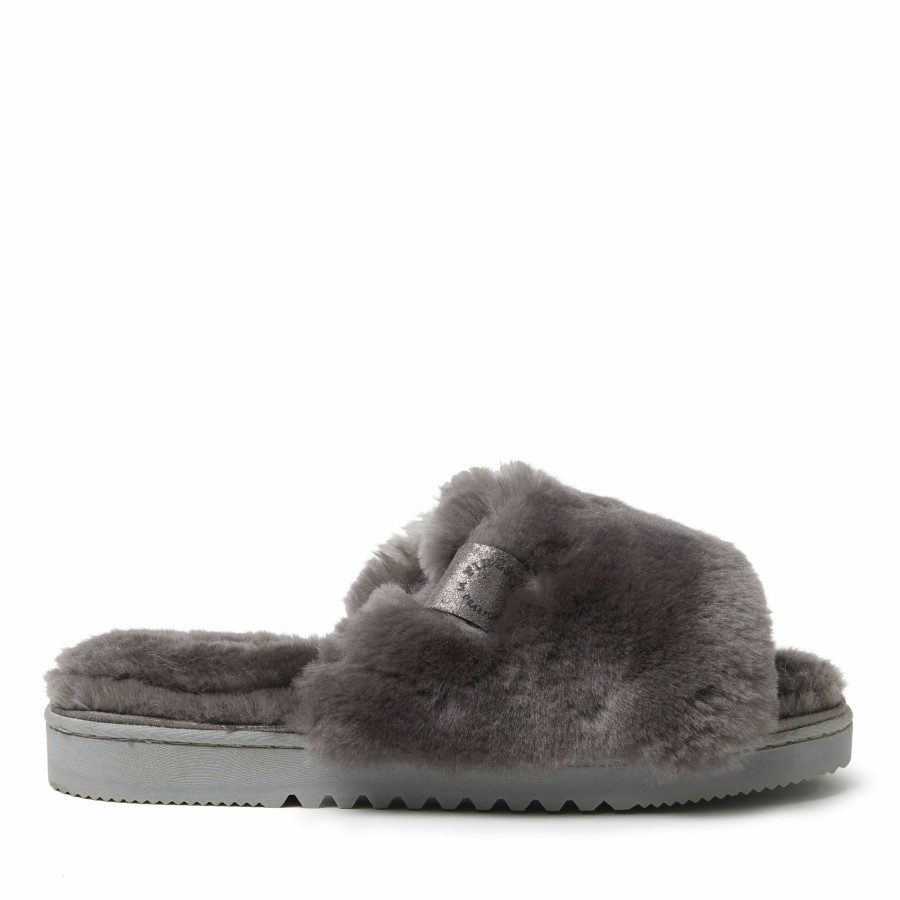 Women Dearfoams Sandals | Women'S Fireside By Dearfoams Cairns Genuine Shearling Slide Slipper With Metallic Suede Trim