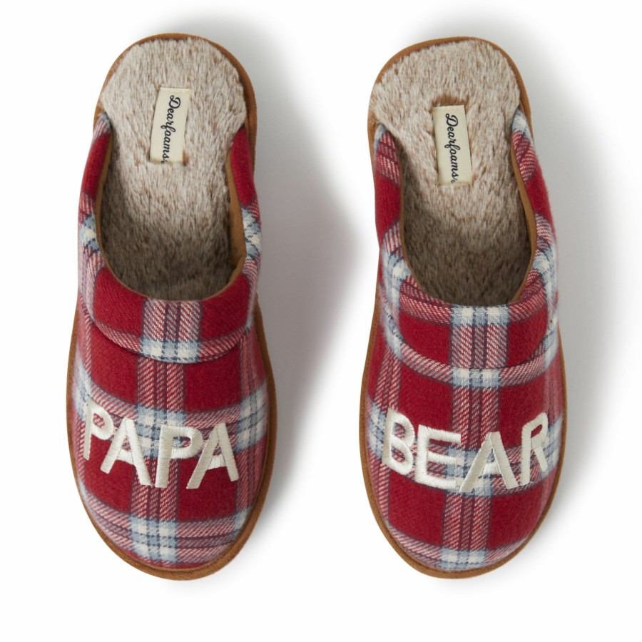 Men Dearfoams Clog & Scuff Slippers | Men'S Papa Bear Red Plaid Scuff Slippers