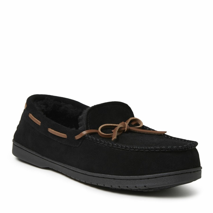 Men Dearfoams Moccasin Slippers | Men'S Hudson Genuine Suede Moccasin With Tie