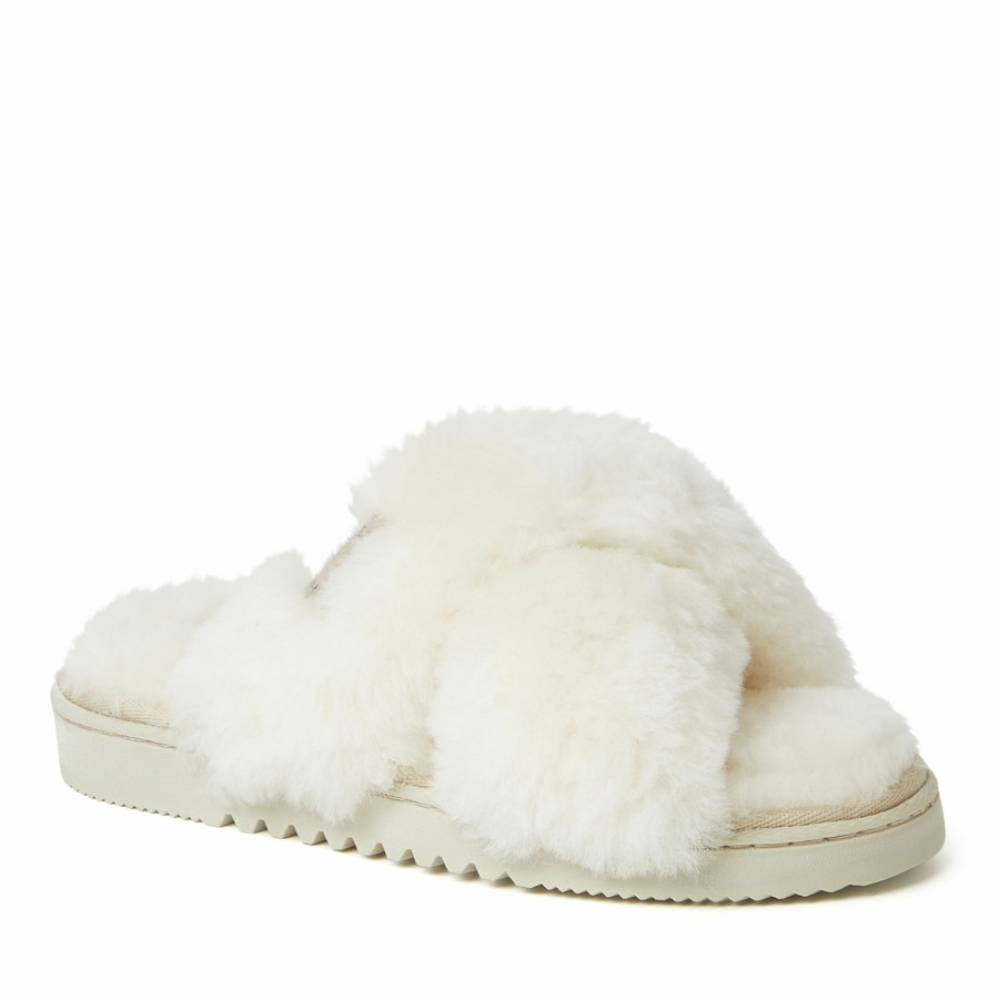 Women Dearfoams Slide & Flip Flop Slippers | Women'S Fireside By Dearfoams New Castle Genuine Shearling Cross Band Slide