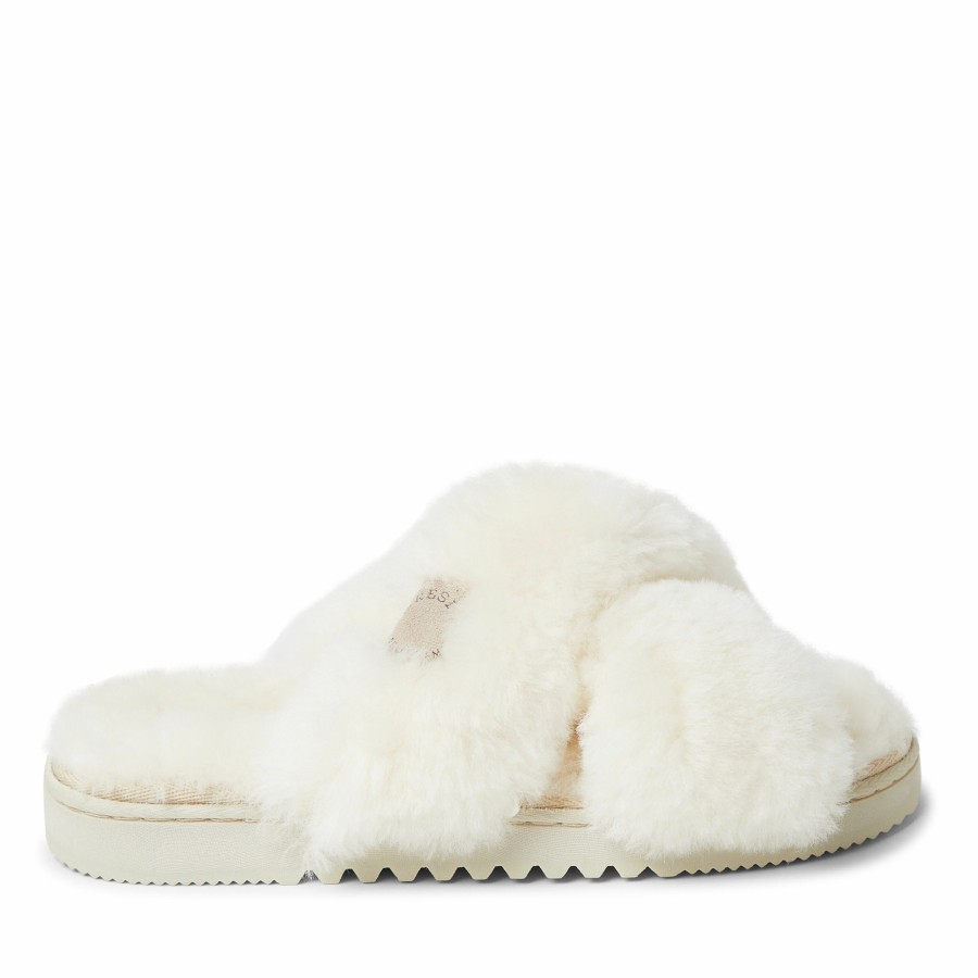 Women Dearfoams Slide & Flip Flop Slippers | Women'S Fireside By Dearfoams New Castle Genuine Shearling Cross Band Slide