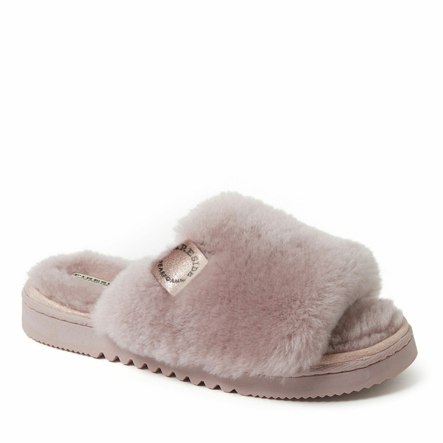 Women Dearfoams Slippers | Women'S Fireside By Dearfoams Cairns Genuine Shearling Slide Slipper With Metallic Suede Trim