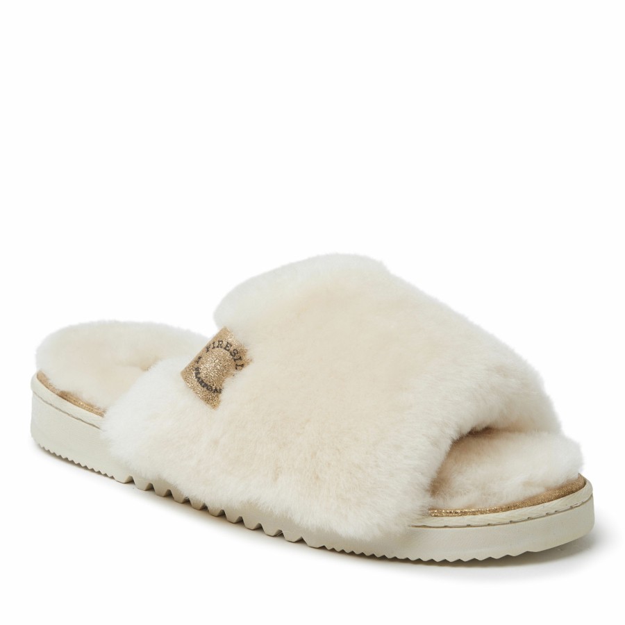 Women Dearfoams Slide & Flip Flop Slippers | Women'S Fireside By Dearfoams Cairns Genuine Shearling Slide Slipper With Metallic Suede Trim