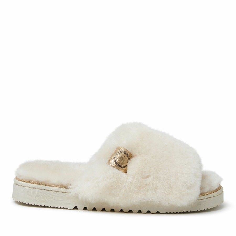 Women Dearfoams Slide & Flip Flop Slippers | Women'S Fireside By Dearfoams Cairns Genuine Shearling Slide Slipper With Metallic Suede Trim