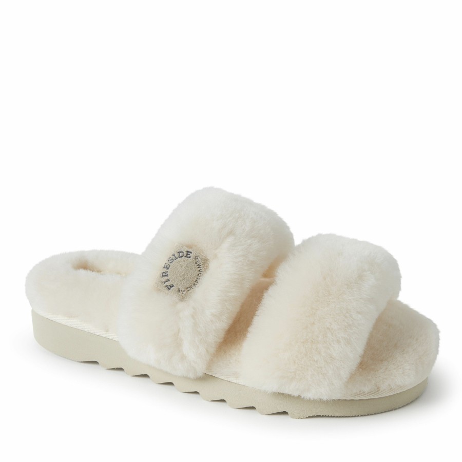 Women Dearfoams Slide & Flip Flop Slippers | Women'S Fireside By Dearfoams Benalla Shearling Double Band Slide