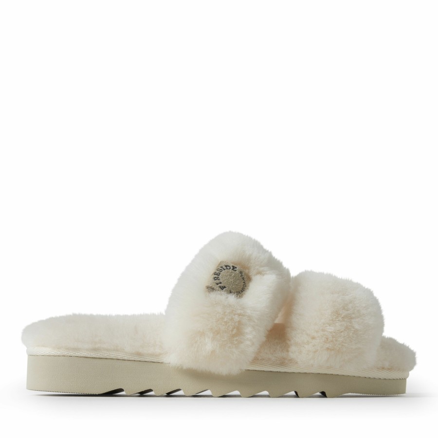 Women Dearfoams Slide & Flip Flop Slippers | Women'S Fireside By Dearfoams Benalla Shearling Double Band Slide