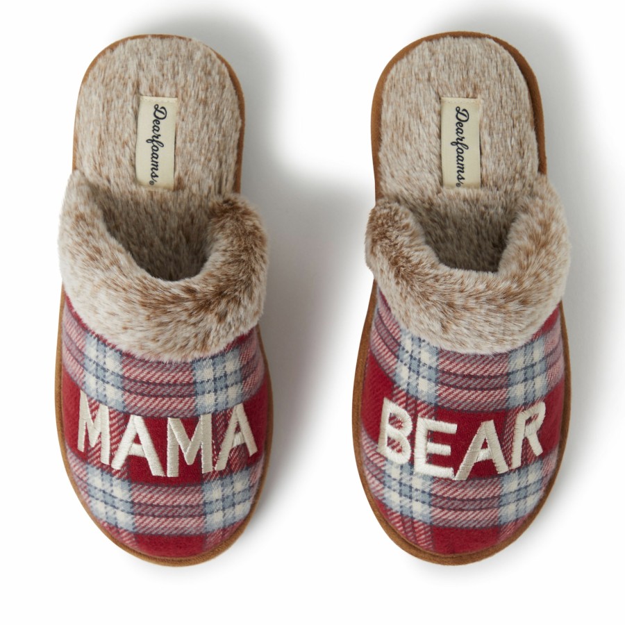 Women Dearfoams Slippers | Women'S Mama Bear Red Plaid Scuff Slippers