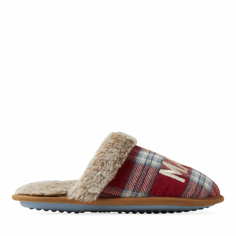 Women Dearfoams Slippers | Women'S Mama Bear Red Plaid Scuff Slippers